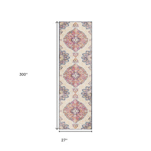 HomeRoots 25' Southwest Medallion Runner Rug in Beige, Rust & Purple - Durable, Stylish for High-Traffic Areas! 609674