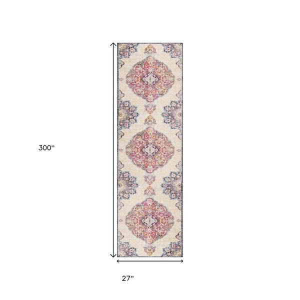 HomeRoots 25' Southwest Medallion Runner Rug in Beige, Rust & Purple - Durable, Stylish for High-Traffic Areas! 609674