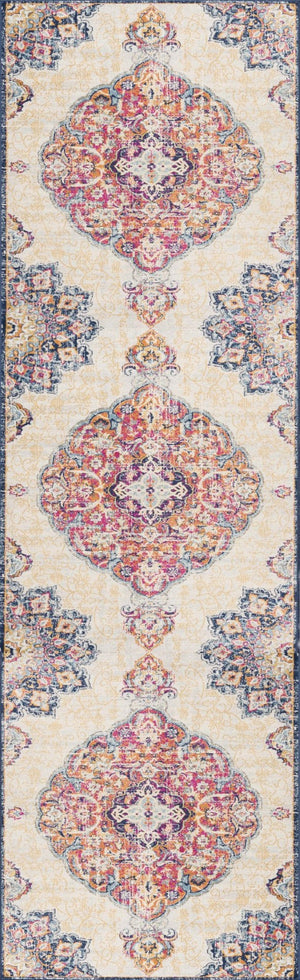 HomeRoots 25' Southwest Medallion Runner Rug in Beige, Rust & Purple - Durable, Stylish for High-Traffic Areas! 609674