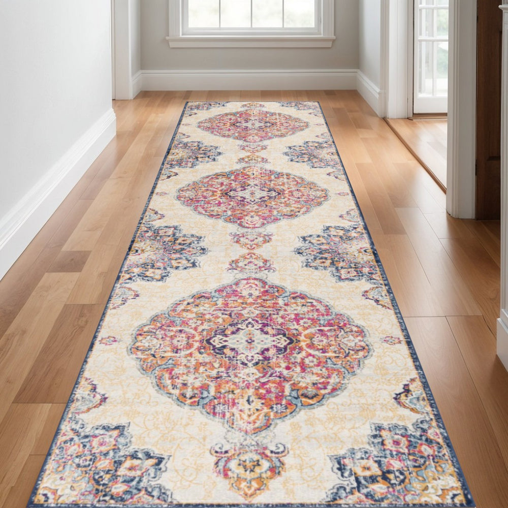 HomeRoots 25' Southwest Medallion Runner Rug in Beige, Rust & Purple - Durable, Stylish for High-Traffic Areas! 609674