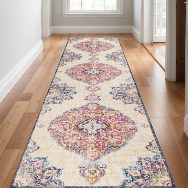 HomeRoots 25' Southwest Medallion Runner Rug in Beige, Rust & Purple - Durable, Stylish for High-Traffic Areas! 609674