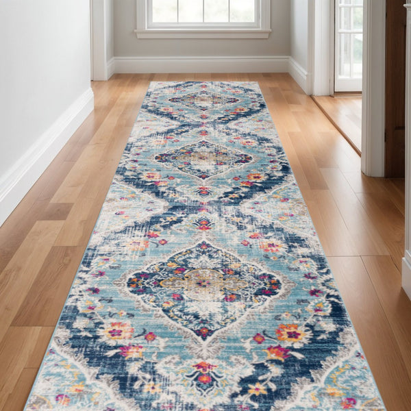 HomeRoots 30' Runner Medallion Area Rug in Blue, Gray, and Ivory – Durable, Stain-Resistant, Perfect for Hallways 30' Runner 609679