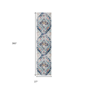 HomeRoots 30' Runner Medallion Area Rug in Blue, Gray, and Ivory – Durable, Stain-Resistant, Perfect for Hallways 30' Runner 609679