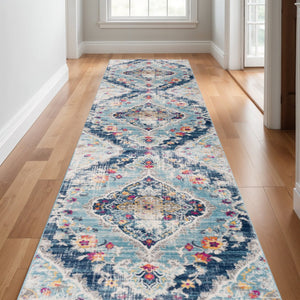 HomeRoots 30' Runner Medallion Area Rug in Blue, Gray, and Ivory – Durable, Stain-Resistant, Perfect for Hallways 25' Runner 609680