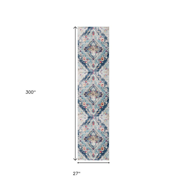 HomeRoots 30' Runner Medallion Area Rug in Blue, Gray, and Ivory – Durable, Stain-Resistant, Perfect for Hallways 25' Runner 609680