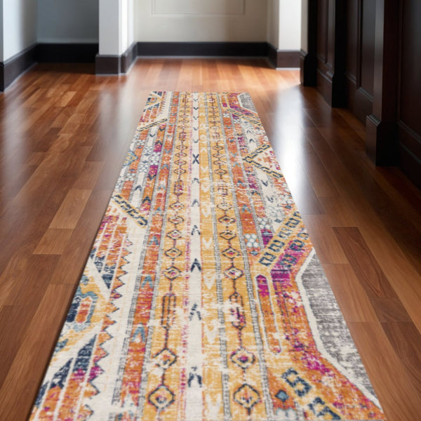 HomeRoots 2' Modern Yellow and Beige Abstract Area Rug - Durable, Stain-Resistant Design for High Traffic Spaces 609685