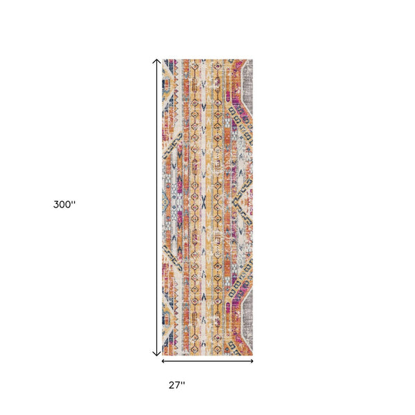 HomeRoots 2' Modern Yellow and Beige Abstract Runner Rug – Durable, Stain-Resistant, Ideal for High-Traffic Areas 609686