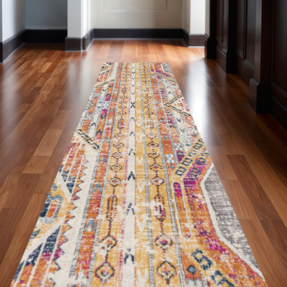 HomeRoots 2' Modern Yellow and Beige Abstract Runner Rug – Durable, Stain-Resistant, Ideal for High-Traffic Areas 609686