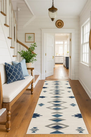 HomeRoots 30' Runner - Durable Southwestern Area Rug in Blue, Beige & Gray for High-Traffic Home Areas 30' Runner 609691