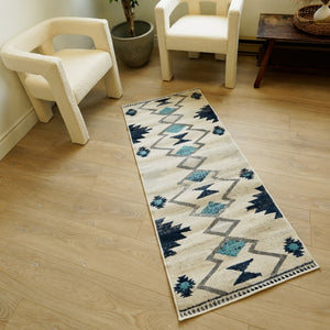 HomeRoots 30' Runner - Durable Southwestern Area Rug in Blue, Beige & Gray for High-Traffic Home Areas 30' Runner 609691