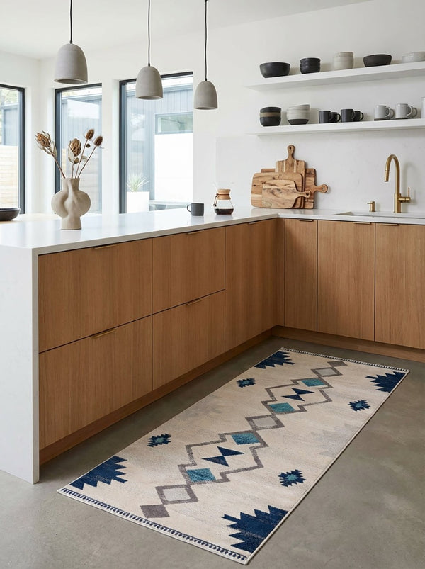 HomeRoots 30' Runner - Durable Southwestern Area Rug in Blue, Beige & Gray for High-Traffic Home Areas 25' Runner 609692