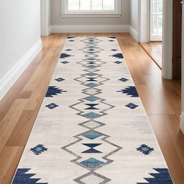 HomeRoots 30' Runner - Durable Southwestern Area Rug in Blue, Beige & Gray for High-Traffic Home Areas 25' Runner 609692