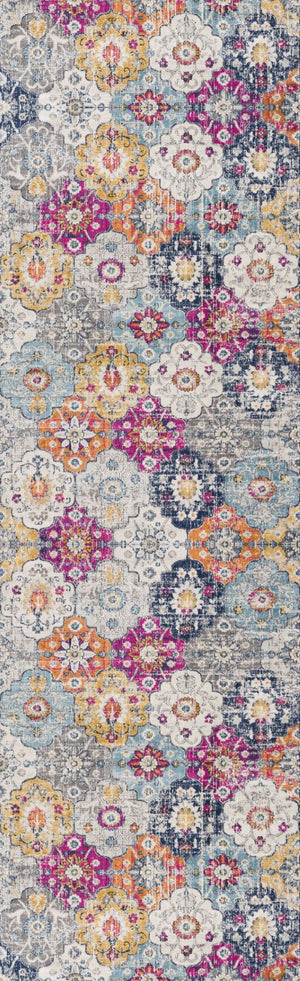 HomeRoots 30' Runner Floral Area Rug in Rust Gray & Sky Blue - Durable, Stain-Resistant Design for Busy Homes 30' Runner 609697