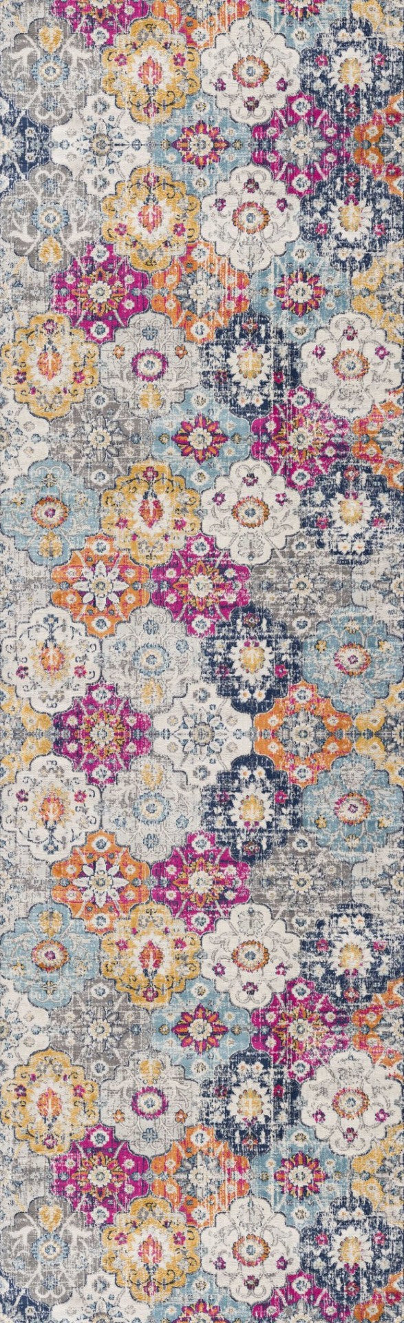 HomeRoots 30' Runner Floral Area Rug in Rust Gray & Sky Blue - Durable, Stain-Resistant Design for Busy Homes 30' Runner 609697