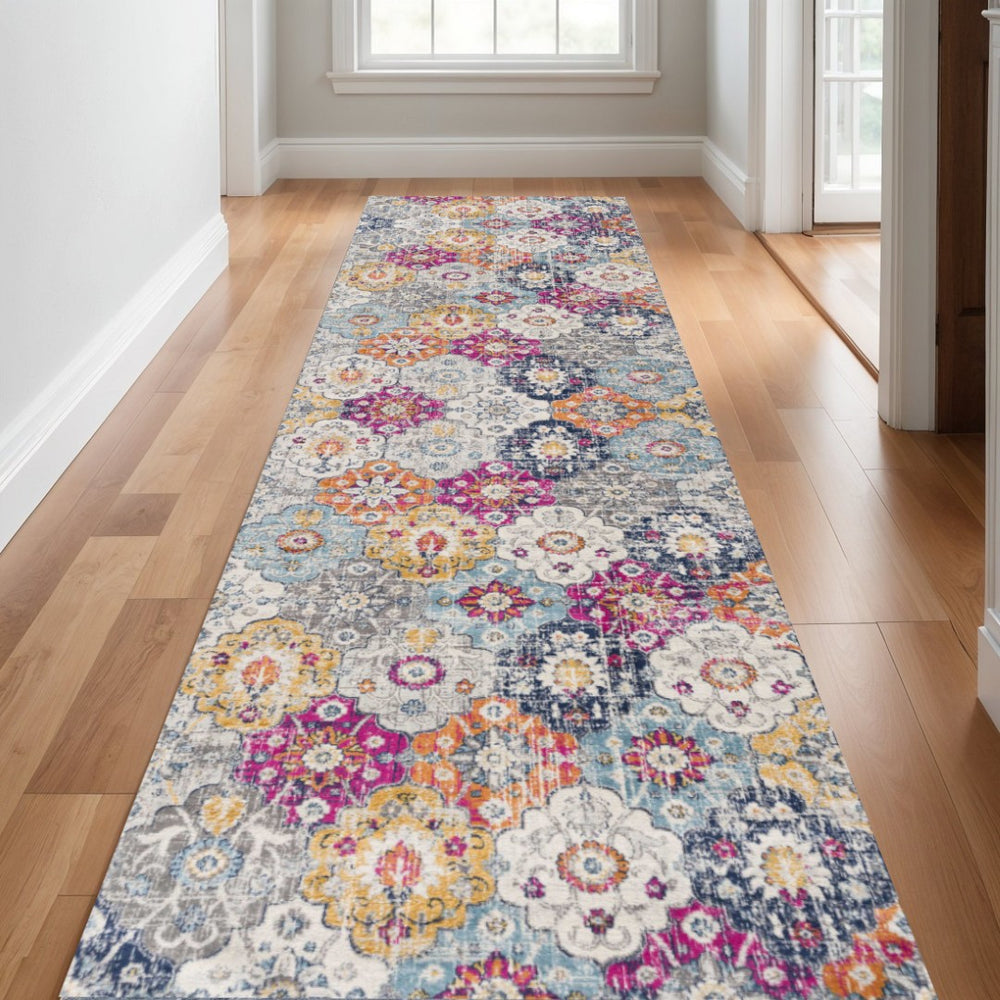 HomeRoots 30' Runner Floral Area Rug in Rust Gray & Sky Blue - Durable, Stain-Resistant Design for Busy Homes 25' Runner 609698