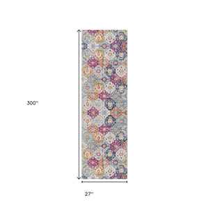 HomeRoots 30' Runner Floral Area Rug in Rust Gray & Sky Blue - Durable, Stain-Resistant Design for Busy Homes 25' Runner 609698
