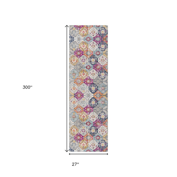 HomeRoots 30' Runner Floral Area Rug in Rust Gray & Sky Blue - Durable, Stain-Resistant Design for Busy Homes 25' Runner 609698