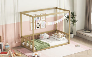 English Elm Twin Canopy Frame Floor Bed With Guardrails - Cozy, Safe Pine Design For Kids' Imaginative Spaces W504P143279-GIGA