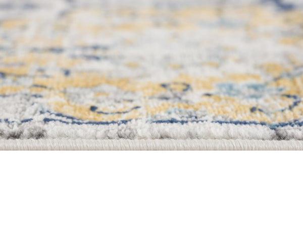 HomeRoots 30' Runner - Stylish Blue Gray & Gold Floral Medallion Rug for High-Traffic Areas & Entryways 609703