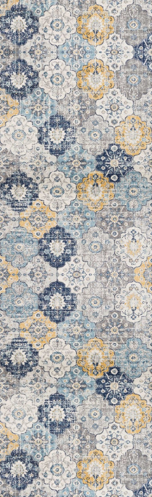 HomeRoots 30' Runner - Stylish Blue Gray & Gold Floral Medallion Rug for High-Traffic Areas & Entryways 609703