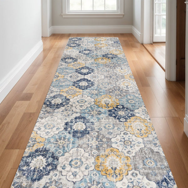 HomeRoots 30' Runner - Stylish Blue Gray & Gold Floral Medallion Rug for High-Traffic Areas & Entryways 609703