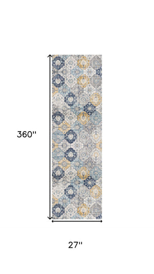 HomeRoots 30' Runner - Stylish Blue Gray & Gold Floral Medallion Rug for High-Traffic Areas & Entryways 609703