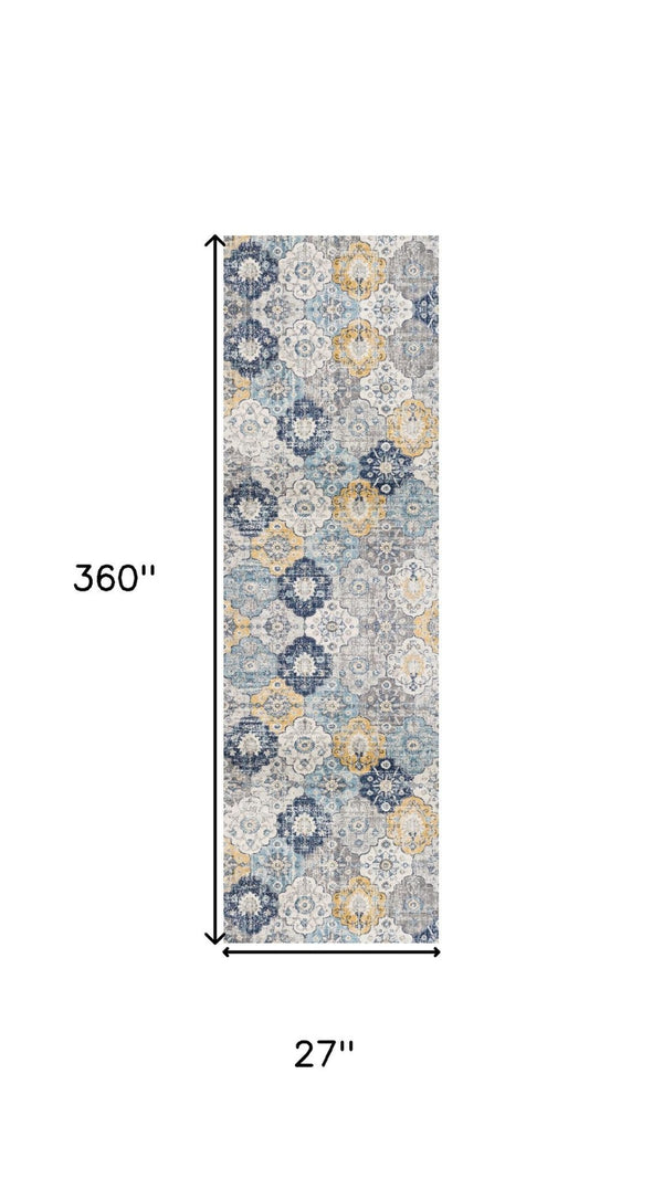 HomeRoots 30' Runner - Stylish Blue Gray & Gold Floral Medallion Rug for High-Traffic Areas & Entryways 609703