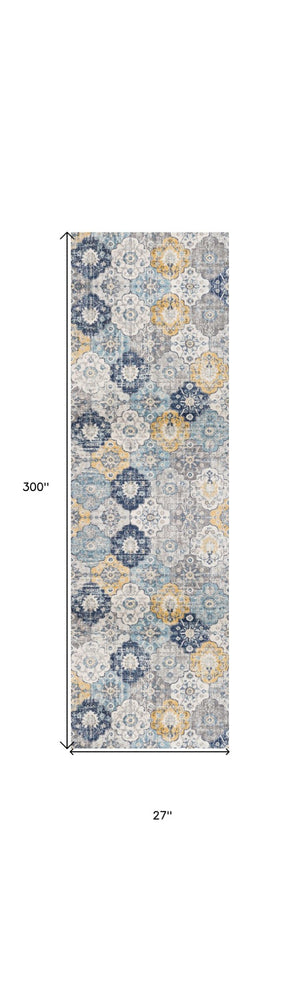 HomeRoots 25' Runner Rug - Blue Gray & Gold Floral Medallion Design, Durable, Stain-Resistant for High Traffic Areas 609704