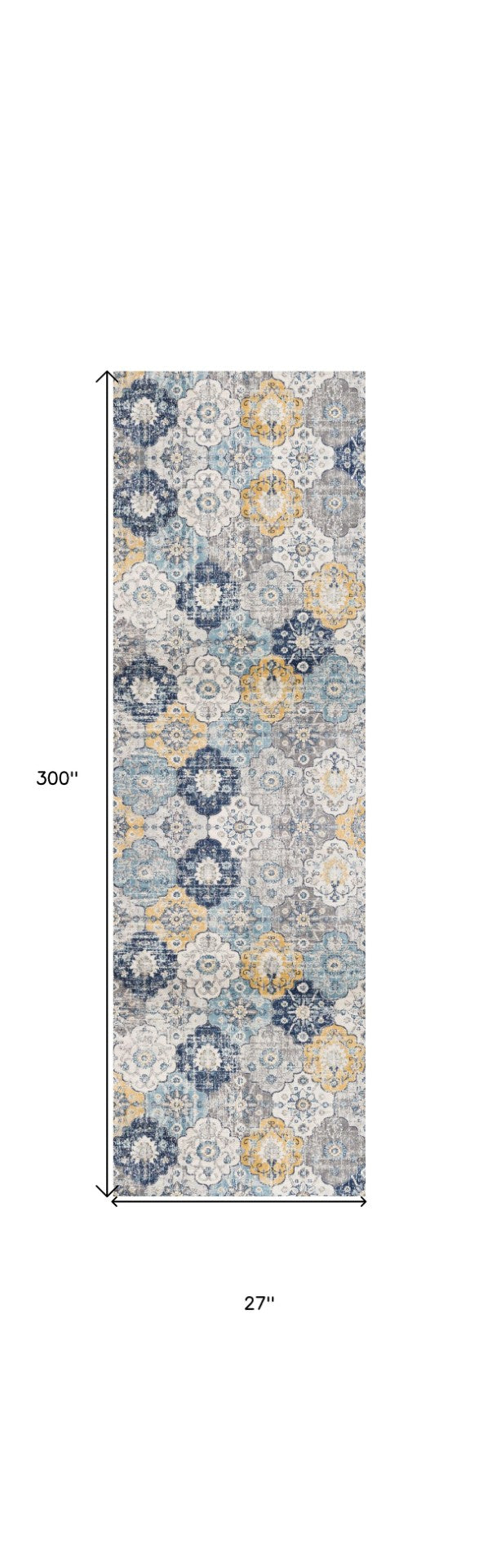HomeRoots 25' Runner Rug - Blue Gray & Gold Floral Medallion Design, Durable, Stain-Resistant for High Traffic Areas 609704