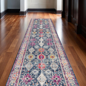 HomeRoots 2' Southwestern Area Rug Runner – Durable Blue & Beige Design for High-Traffic Areas, Stain-Resistant 609715