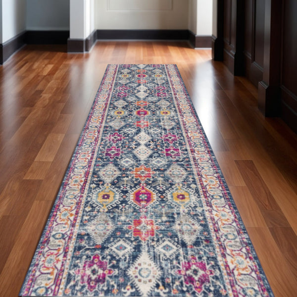 HomeRoots 2' Southwestern Area Rug Runner – Durable Blue & Beige Design for High-Traffic Areas, Stain-Resistant 609715