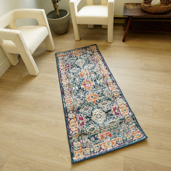 HomeRoots 2' x 25' Blue and Beige Southwestern Runner Rug – Durable, Stain-Resistant Design for High-Traffic Areas 609716