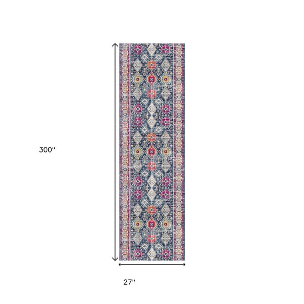 HomeRoots 2' x 25' Blue and Beige Southwestern Runner Rug – Durable, Stain-Resistant Design for High-Traffic Areas 609716