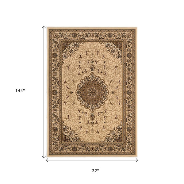 HomeRoots 12' Elegant Beige and Cream Oriental Runner Rug - Durable, Stain-Resistant Design for Any Space 609724