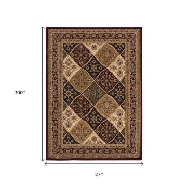 HomeRoots 2' Red and Black Moroccan Runner Rug - Durable, Stain-Resistant, Ideal for High-Traffic Areas! 609729