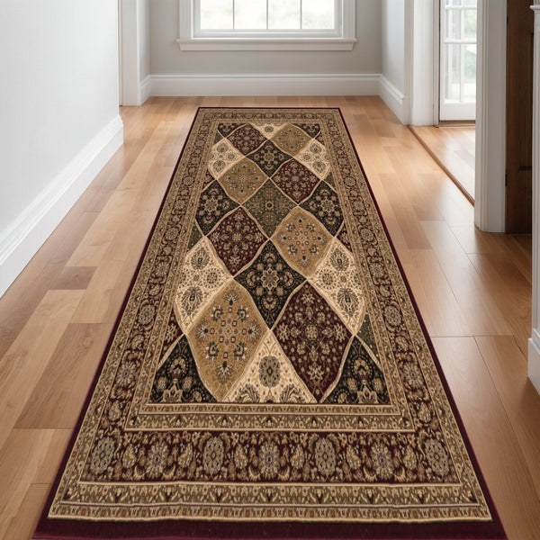 HomeRoots 2' Red and Black Moroccan Runner Rug - Durable, Stain-Resistant, Ideal for High-Traffic Areas! 609729