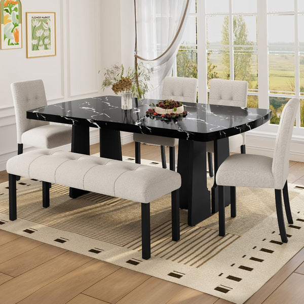 English Elm 6 Piece Dining Set with Rectangular Solid Wood Table, Upholstered Chairs & Bench, Rustic Charm, Easy Assembly, Seats 6 Beige,Black N752S000011A