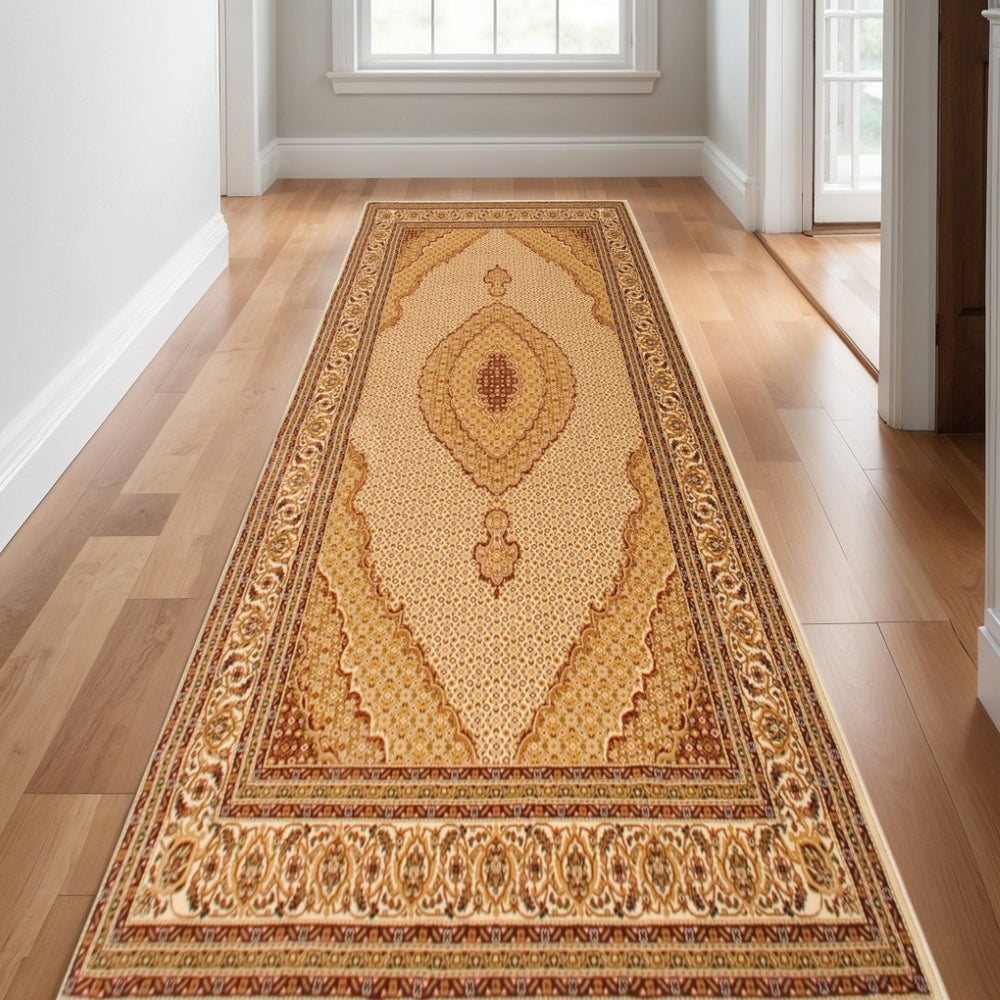 HomeRoots 19' Runner Rug - Soft Beige & Cream Moroccan Design, Stain & Water Resistant for High-Traffic Areas 609744