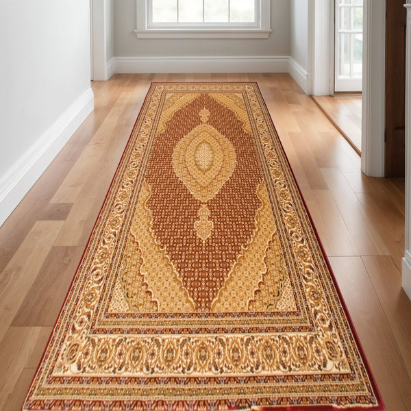 HomeRoots 2' Red and Beige Moroccan Runner Rug - Durable, Stylish Accent for Hallways, Kitchens, and Entryways 609750