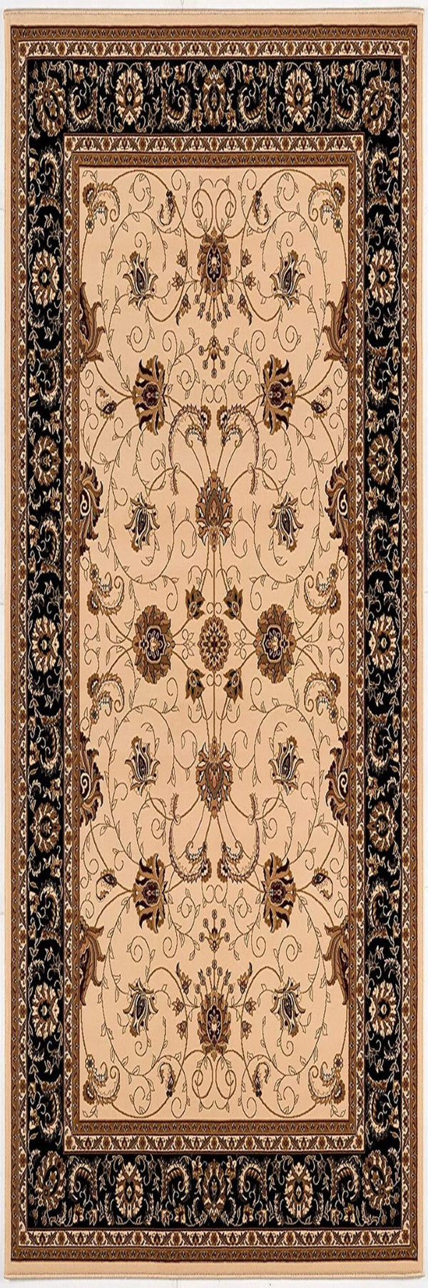 HomeRoots 25' Runner Rug in Black, Tan & Brown - Durable Oriental Design for High-Traffic Areas & Entryways 609764