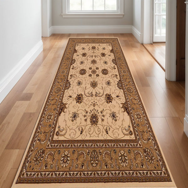 HomeRoots 30' Elegant Tan and Brown Oriental Area Rug – Durable, Stain-Resistant Runner Perfect for High-Traffic Spaces 25' Runner 609770