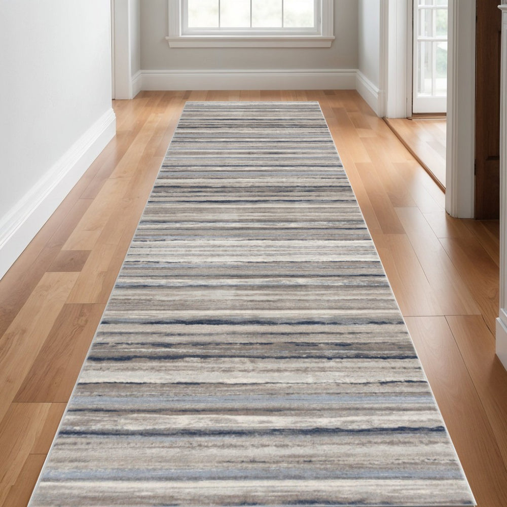 HomeRoots 30' Runner Durable Blue, Brown & Sand Striped Area Rug - Stain & Water Resistant for High Traffic Areas 609776