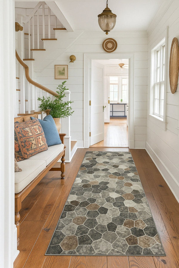 HomeRoots 30' Runner - Stylish Cobblestone Area Rug in Gray, Brown, and Charcoal for High-Traffic Spaces 19' Runner 609790