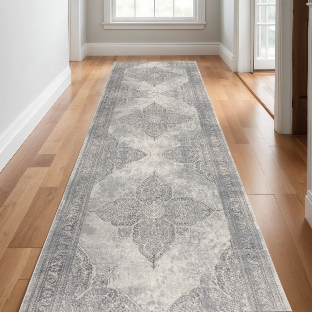 HomeRoots 30' Runner - Stylish Gray and Beige Medallion Area Rug for Hallways, Durable and Stain-Resistant Design 30' Runner 609794