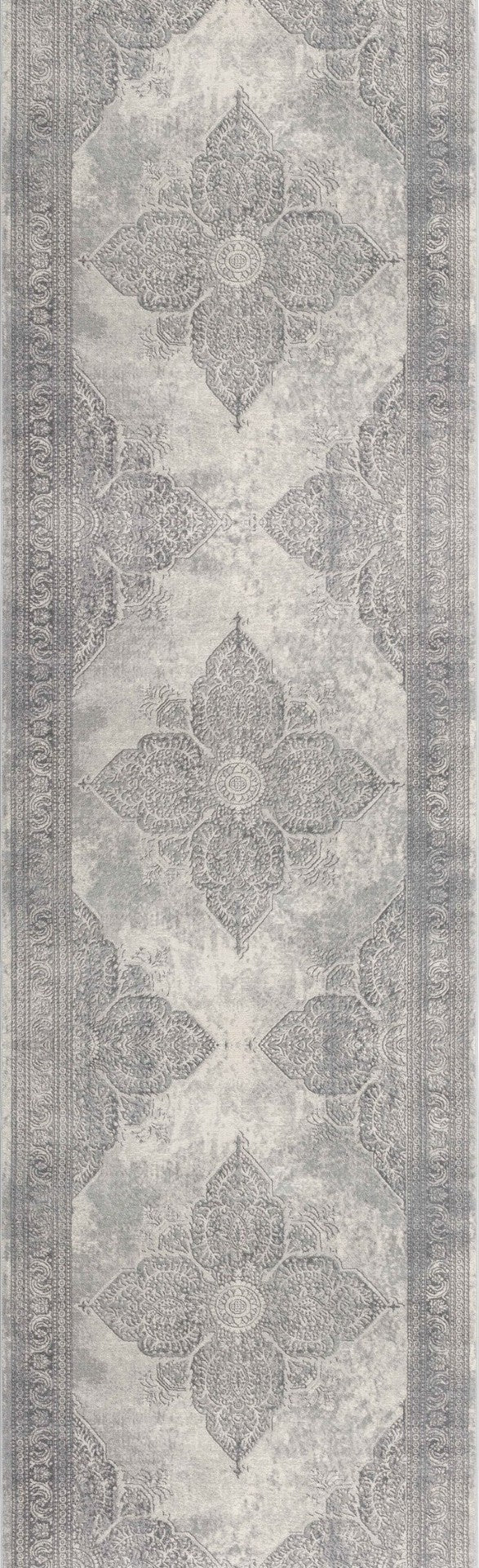 HomeRoots 30' Runner - Stylish Gray and Beige Medallion Area Rug for Hallways, Durable and Stain-Resistant Design 25' Runner 609795