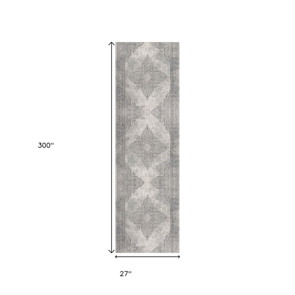 HomeRoots 30' Runner - Stylish Gray and Beige Medallion Area Rug for Hallways, Durable and Stain-Resistant Design 25' Runner 609795