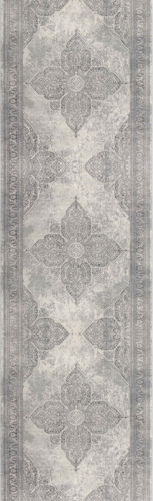 HomeRoots 30' Runner - Stylish Gray and Beige Medallion Area Rug for Hallways, Durable and Stain-Resistant Design 19' Runner 609796