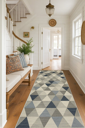 HomeRoots 30' Runner Transform Your Space with a Coastal-Inspired Geometric Area Rug in Blue, Beige, and Gray 19' Runner 609802