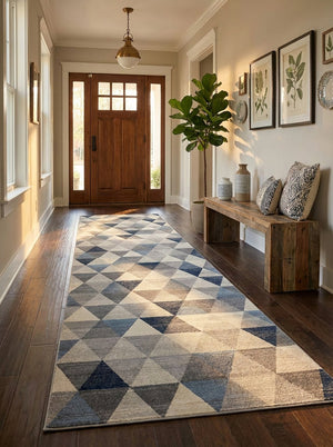 HomeRoots 30' Runner Transform Your Space with a Coastal-Inspired Geometric Area Rug in Blue, Beige, and Gray 19' Runner 609802