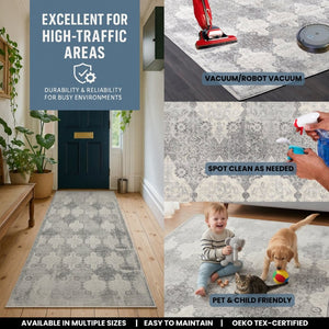 HomeRoots 2' X 30' Gray and Beige Moroccan Runner Rug - Stylish, Durable, Stain-Resistant for High-Traffic Areas 609812